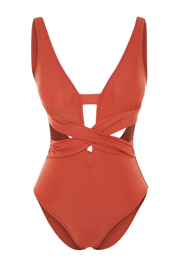 Tarçın Cut Out Detaylı Derin V Yaka Kaplı Regular Mayo TBESS20MA0292 - 6