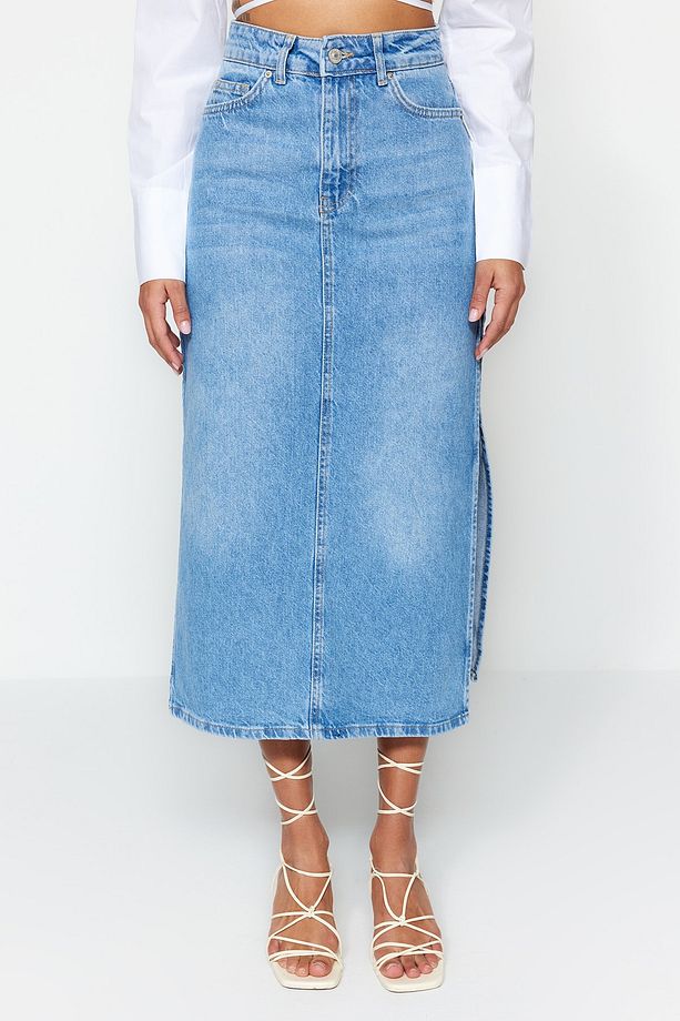 Açık Mavi Yırtmaçlı Yüksek Bel  Maxi Denim Etek TWOSS23ET00109 - 4