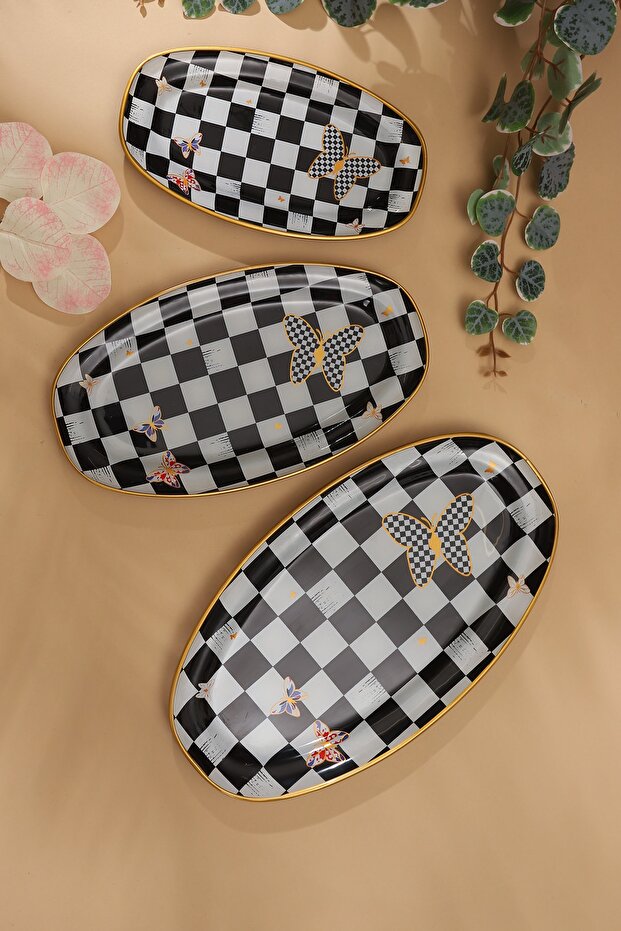 Damalı Oval Kayık Tabak 3 Lü - 1