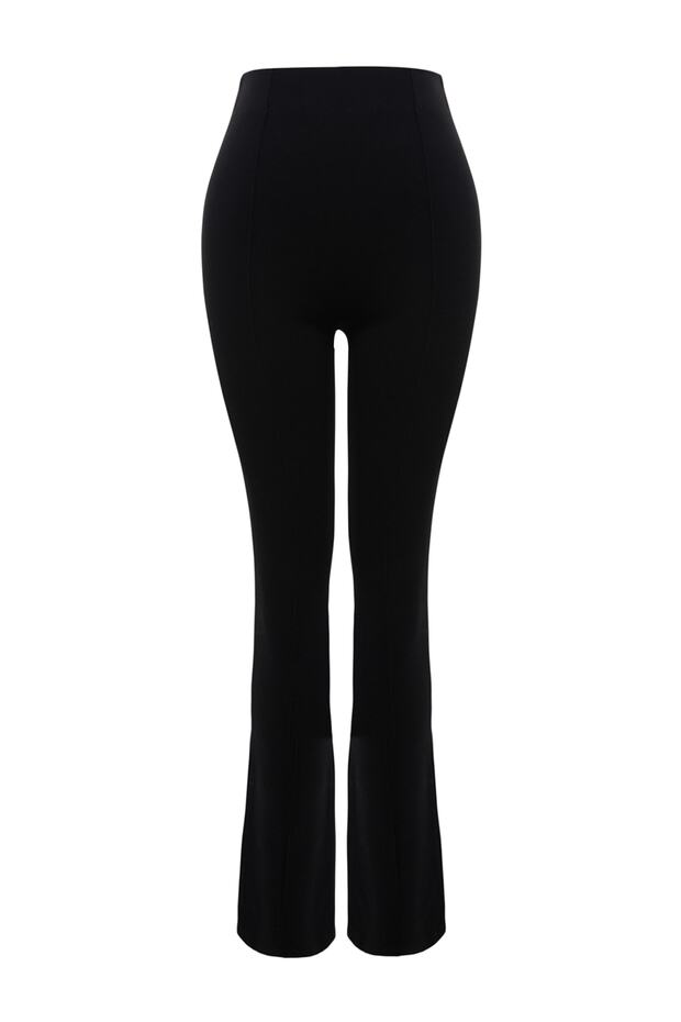 Siyah Beli Lastikli Nervürlü Flare/İspanyol Paça Yüksek Bel Örme Tayt Pantolon TWOAW22PL0107 - 8