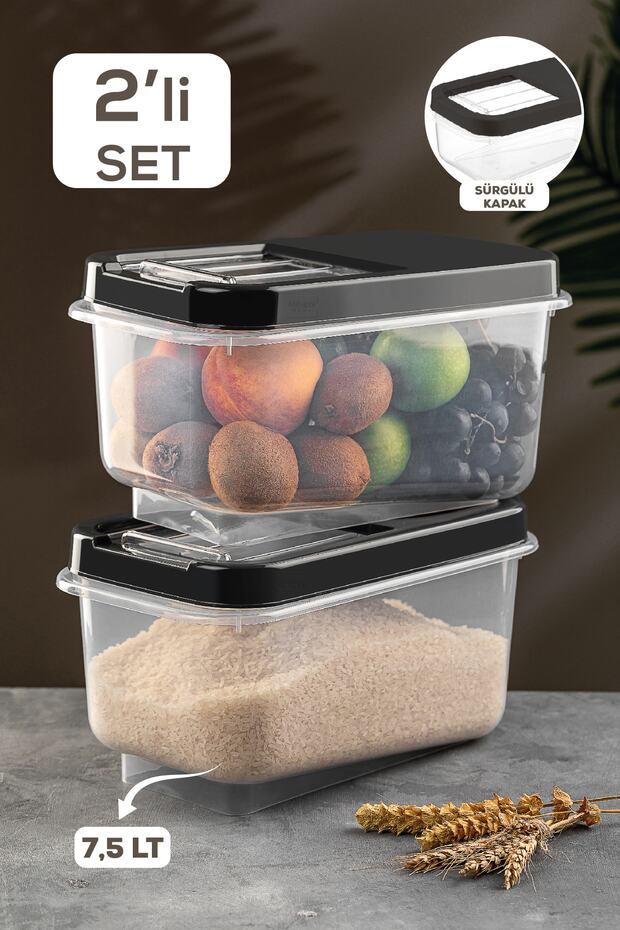 Set of 2 7.5 Lt Pulses Storage Container - Food Storage Container with Sliding Lid Flour Container Anthracite Multi Box - 1