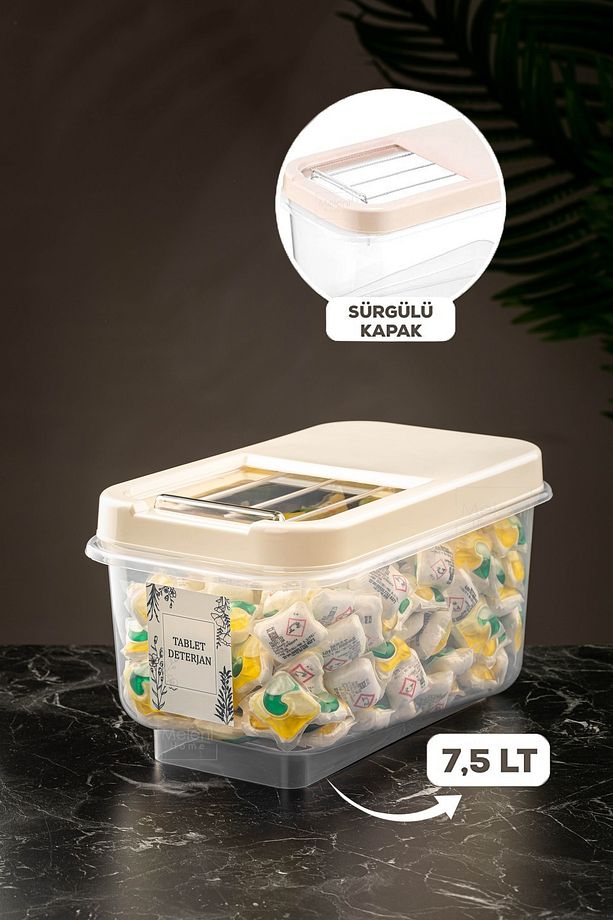 7,5 Lt Kayar Kapaklı Deterjan Saklama Kabı - Etiketli Tablet Deterjan Saklama Kutusu Krem - 1