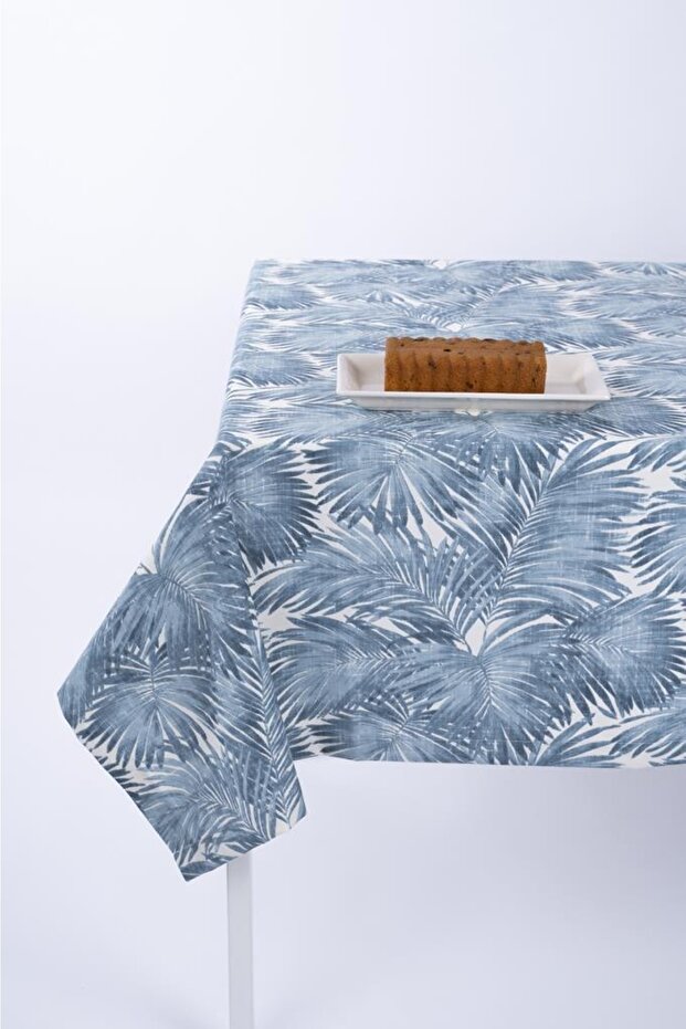 Luxury Linen Fabric Tablecloth with Stain Resistant Option and Palm Blue