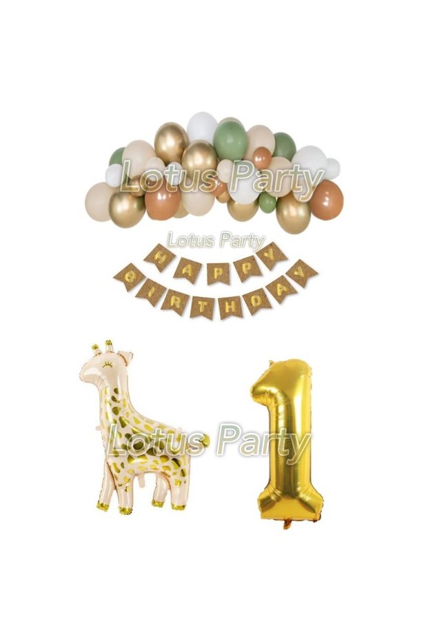 1 Year Old Safari Themed Balloon Chain Set (Giraffe Foil Balloon - Happy Text - Number Foil)