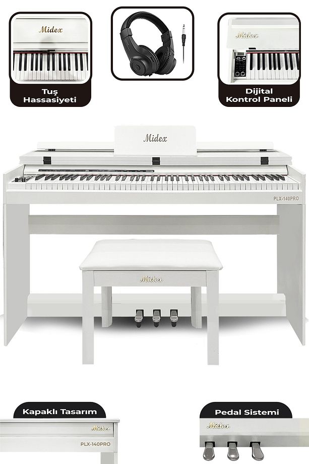 Plx-140 Pro-wh Dijital Piyano Bluetooth Tuş Hassasiyeti 88 Tuşlu Kapaklı (KULAKLIK VE TABURE) - 1