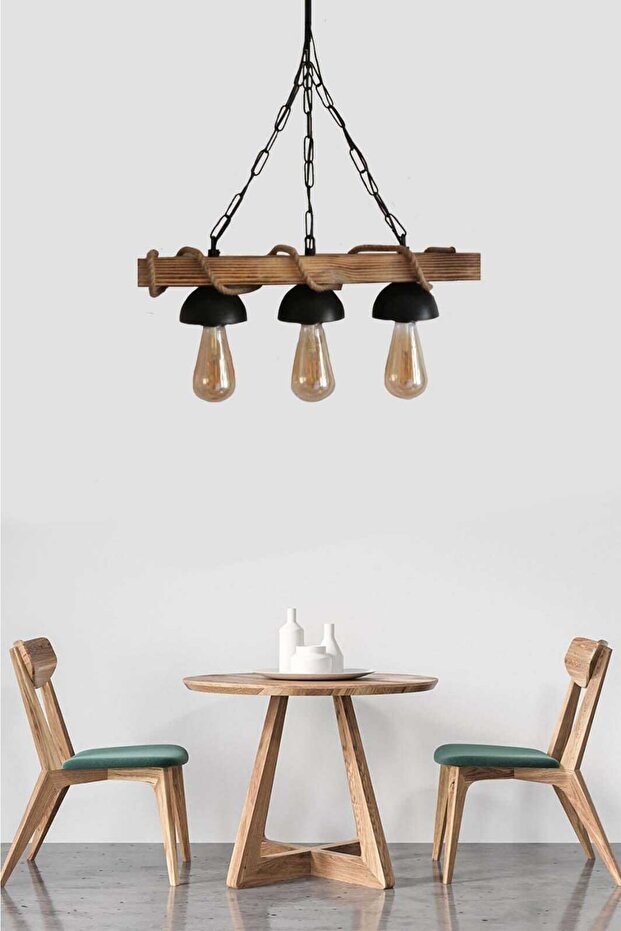 Ahşap 3'lü Halatlı Rustik Ahşap Avize - 2