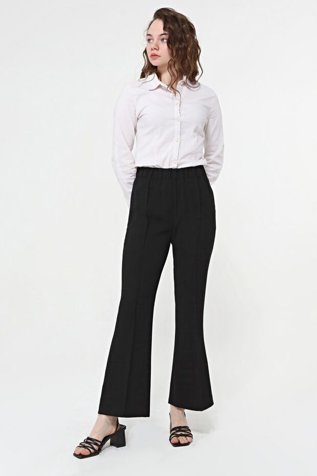 Women's Black Elastic Waist Flared Leg Trousers with Stitching Detail on the Front