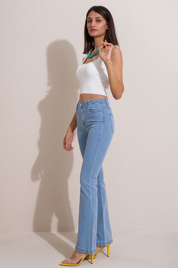 Eva Ispanyol Paça Açık Mavi Flare Süper Yüksek Bel Kadın Jeans Pantolon - 1