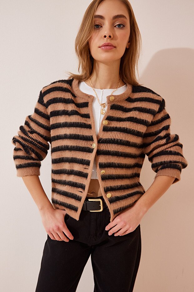 Women's Camel Black Striped Stylish Buttoned Bearded Knitwear Cardigan Yy00115