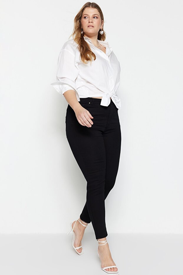 Siyah Yüksek Bel Dar Paça Esnek/Stretch Büyük Beden Skinny Jeans TBBAW23CJ00059 - 8