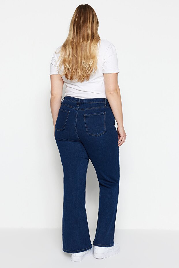 İndigo Yüksek Bel Esnek Kumaş İspanyol Paça Flare Fit Büyük Beden Jeans TBBAW23JE00001 - 9