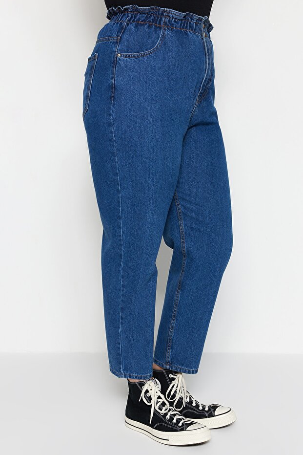 Mavi Yüksek Bel Beli Lastikli %100 Non-Stretch Pamuk Büyük Beden Mom Jeans TBBAW23JE00002 - 22