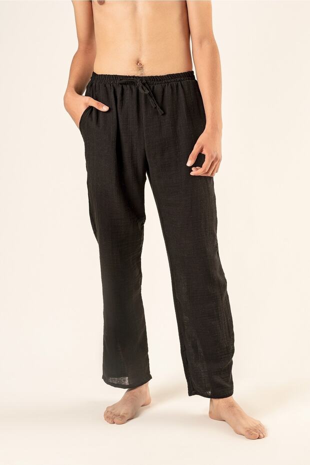 100% Cotton Muslin Men's Pajama Bottoms - Black