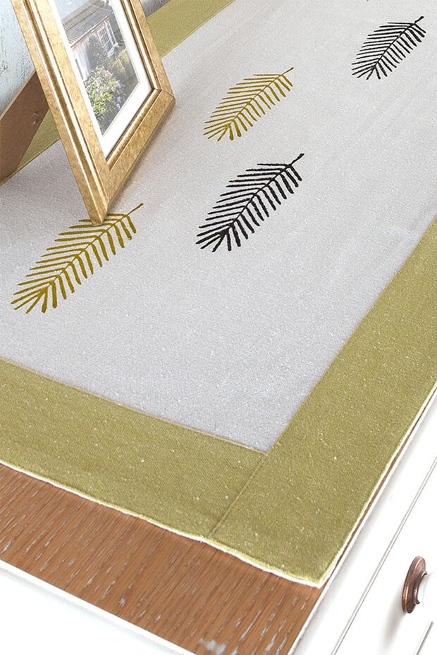 Buldan Fabric Bordered Stone Printed Leaf Pattern Runner - 2