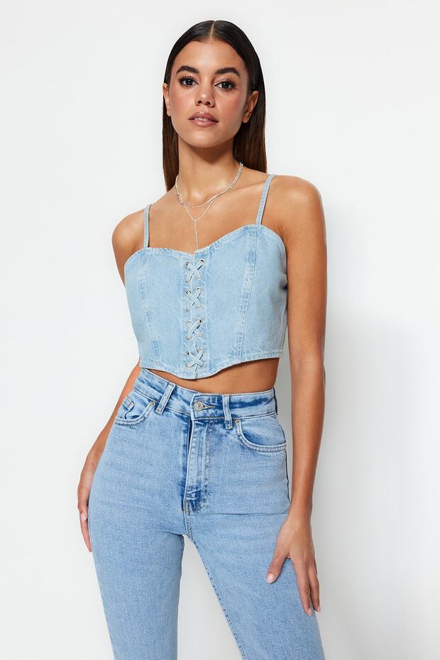 Mavi Kuş Gözü Bağlama Detaylı Kalp Yaka Fitted Crop Denim Büstiyer TWOSS23BS00010 - 3