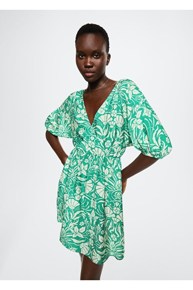 Desenli Dökümlü Elbise - 1