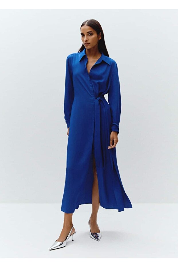 Dökümlü Bağ Detaylı Elbise - 4