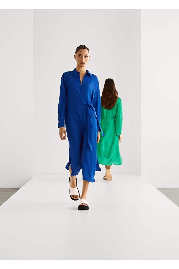 Dökümlü Bağ Detaylı Elbise - 8