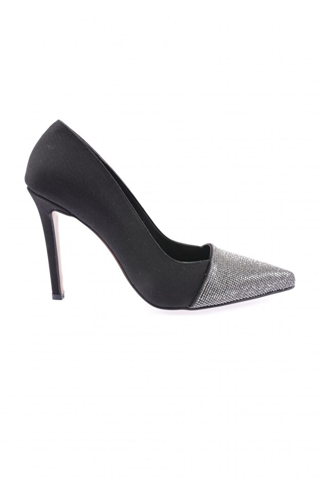 Woman's pointed toe silver stone embellished evening shoes black scuba 1643286
