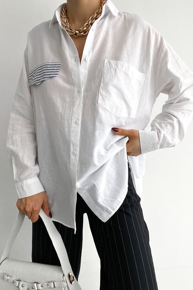 Women's White Pocket Flap Striped Single Pocket Oversize Wide Cut Cotton Shirt (Buy 1 Size Small)