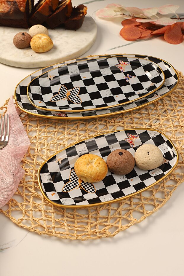 Damalı Oval Kayık Tabak 3 Lü - 2