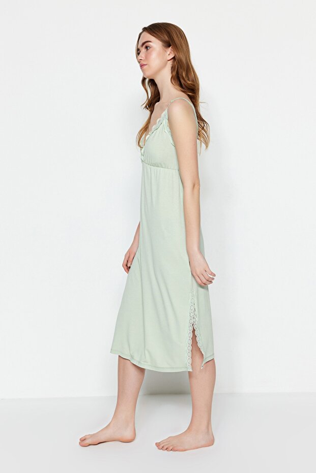Mint Lace Rope Strap Slit Knitted Nightgown - THMSS23GC00029 - 2
