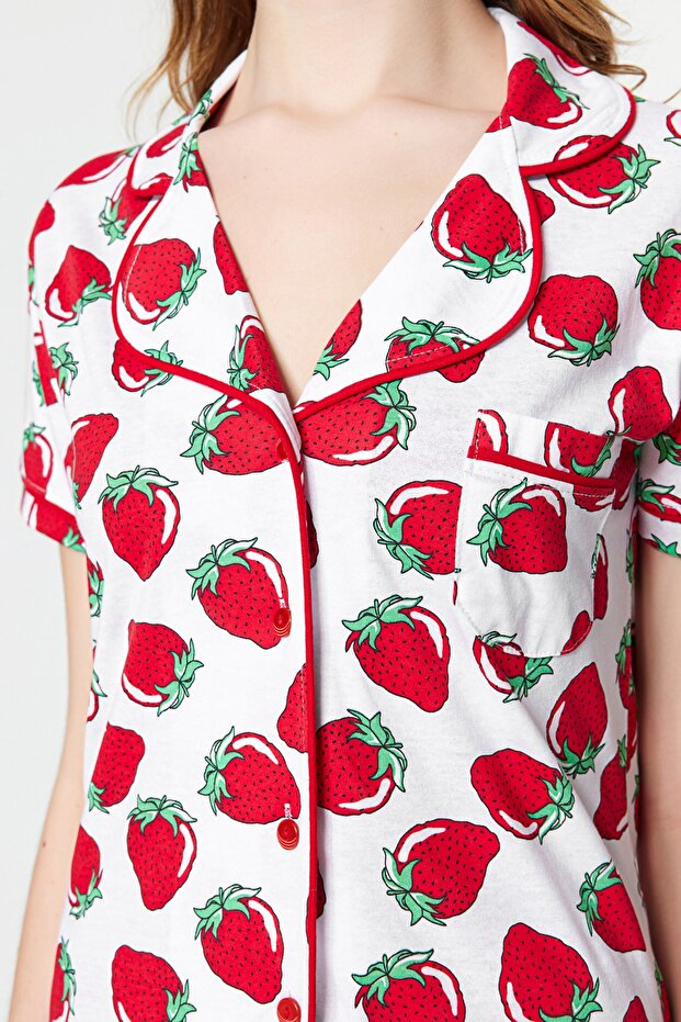 Beyaz Çilek Desenli Biyeli Uyku Bantlı Örme Pijama Takımı THMSS21PT0784 - 3