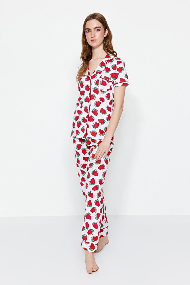 Beyaz Çilek Desenli Biyeli Uyku Bantlı Örme Pijama Takımı THMSS21PT0784 - 4
