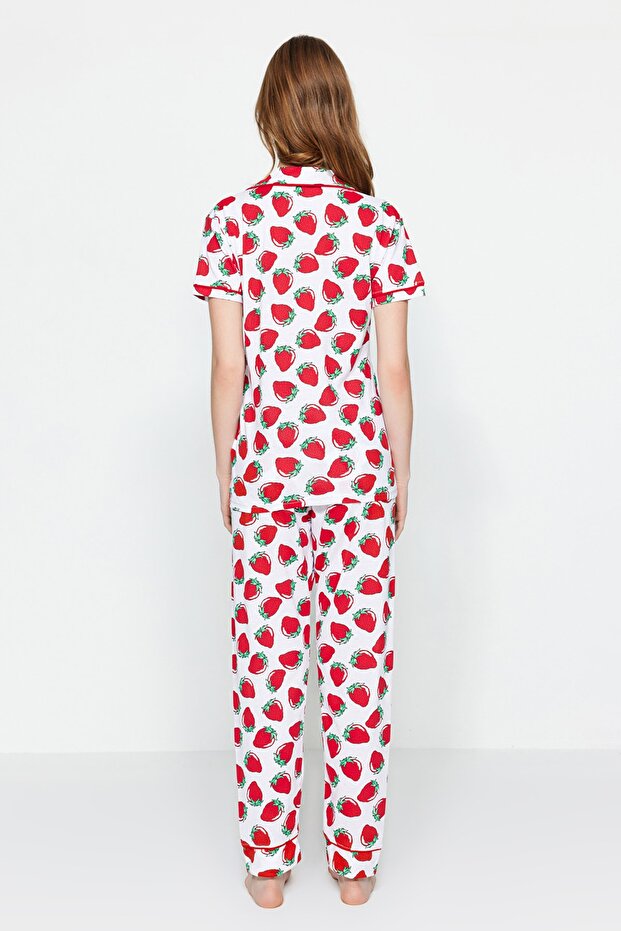 Beyaz Çilek Desenli Biyeli Uyku Bantlı Örme Pijama Takımı THMSS21PT0784 - 7