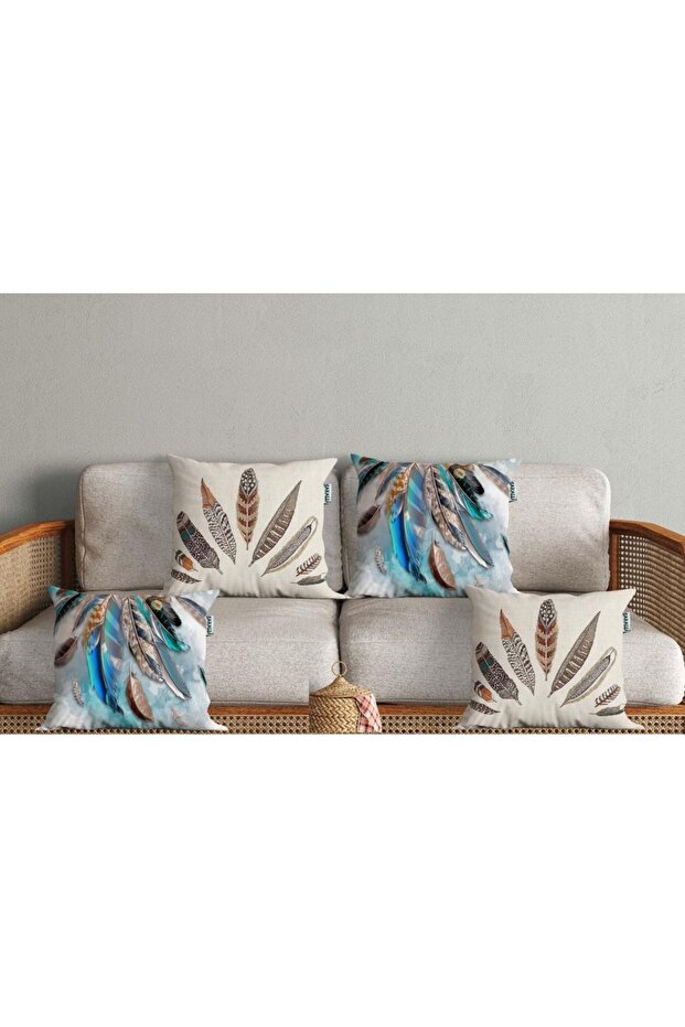 Set of 4 Throw Pillow Cases with Lucky Feather Pattern - 1
