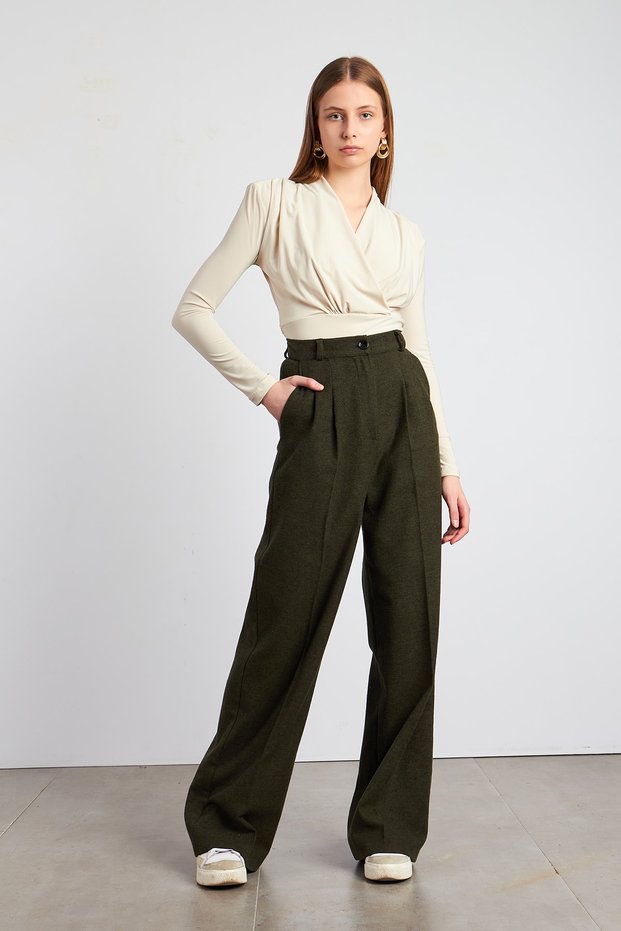 Khaki Stash Fabric Pleated Palazzo Trousers