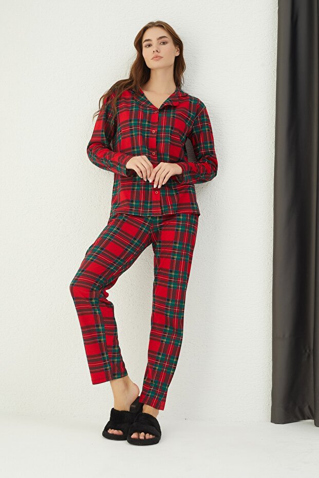 Pamuklu Düğmeli Pijama Takım - 3