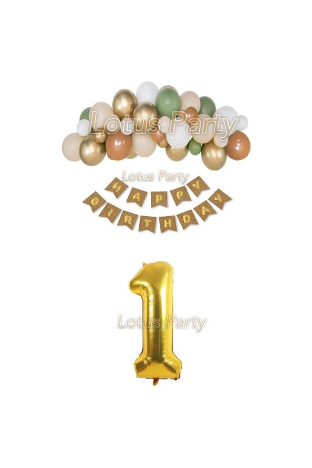 1 Year Old Safari Themed Balloon Chain Set (50 Balloons - Happy Text - Number Foil Balloon)