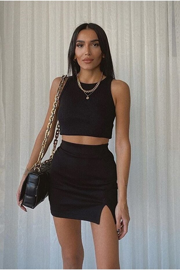Black Mini Slit Skirt