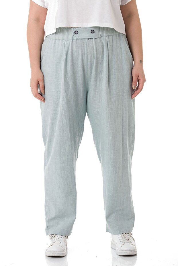 Large Size Linen Water Green Trousers with Pleated Front Pockets and Ornamental Plackets