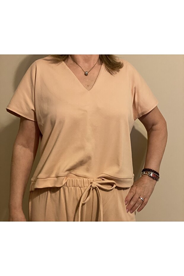 Somon Rengi Bambu Pamuk Dokuma 3lü Kimono Crop Pijama Seti - 2