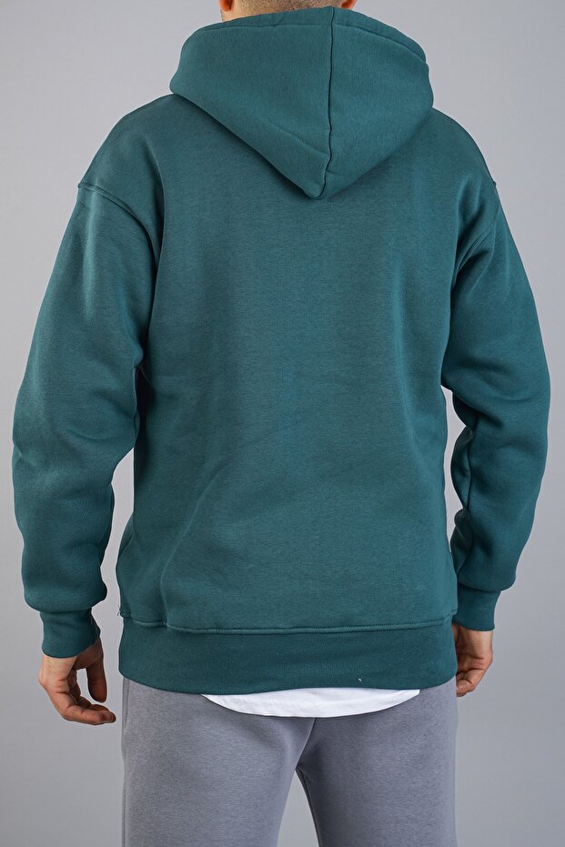Erkek Kapüşonlu Basic Sweatshirt Nefti - 5