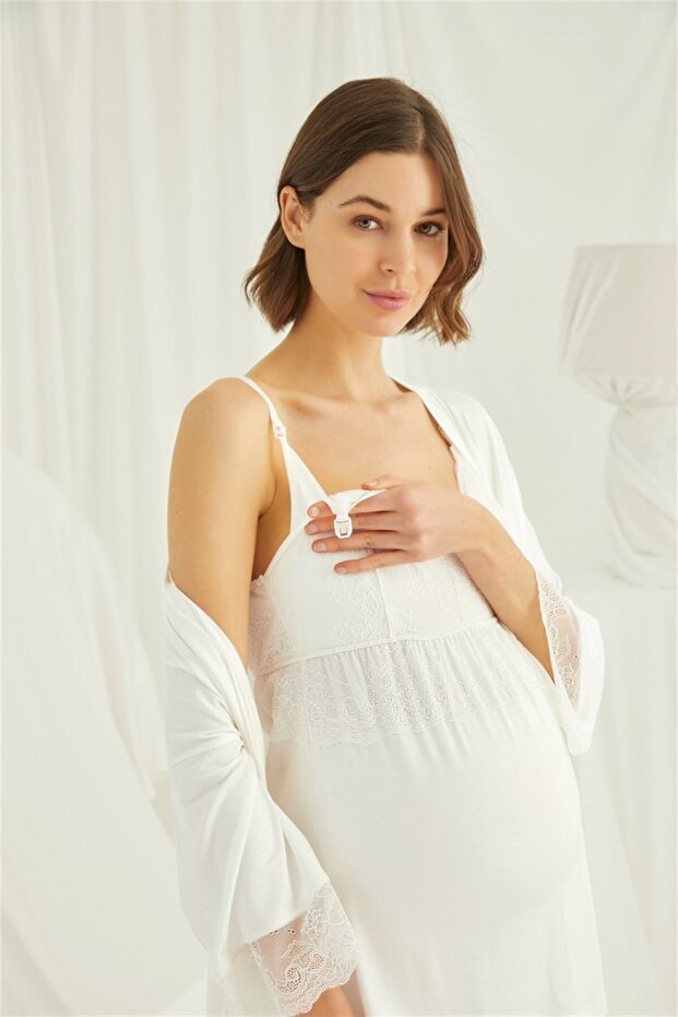 Ecru Maternity Pajama Set with Breastfeeding Feature and Dressing Gown Monamise 18433