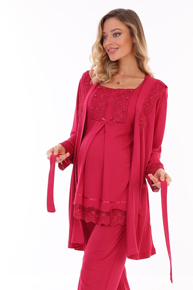 Cherry Breastfeeding Featured Maternity Pajamas Set with Dressing Gown 3044