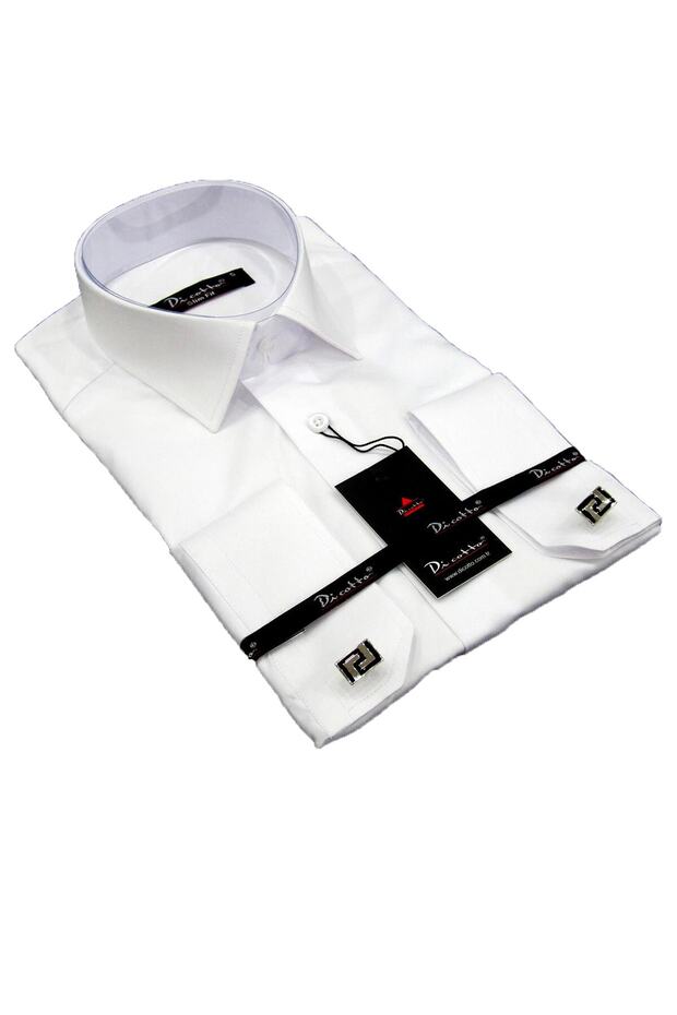 Beyaz Micro Kumaş Kol Düğmeli Slim Fit Düz Renk Erkek Gömlek - 199-1 - 1