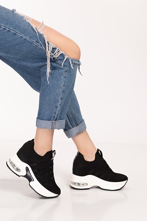 Women's Black Jewelled Hidden Wedge Heel Sneaker