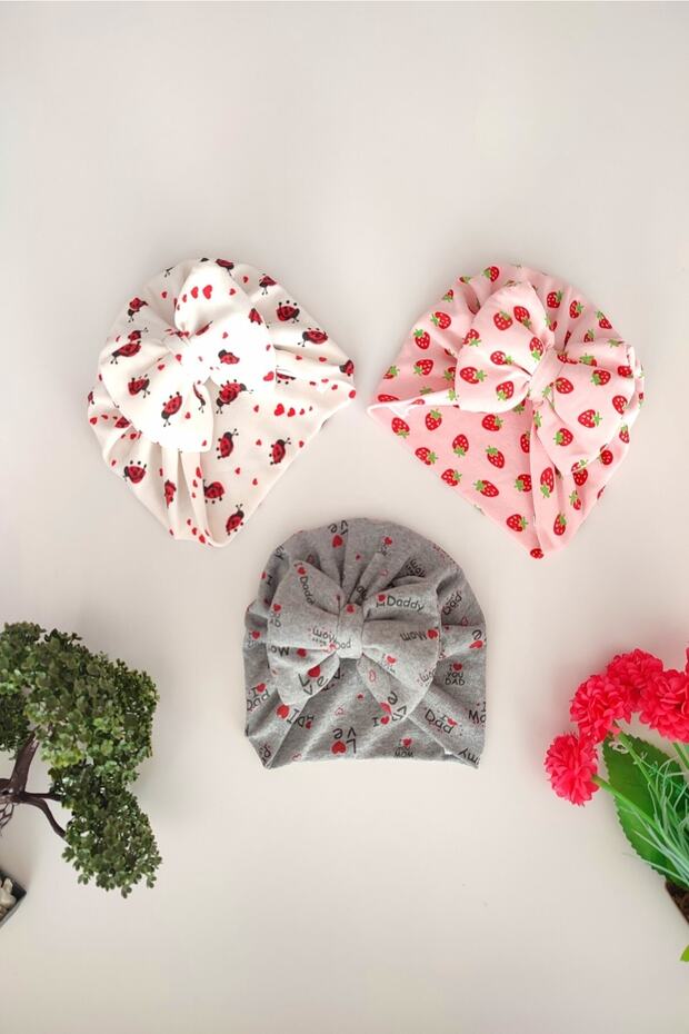 Baby Girl Colorful Patterned 3-Piece Bonnet Set