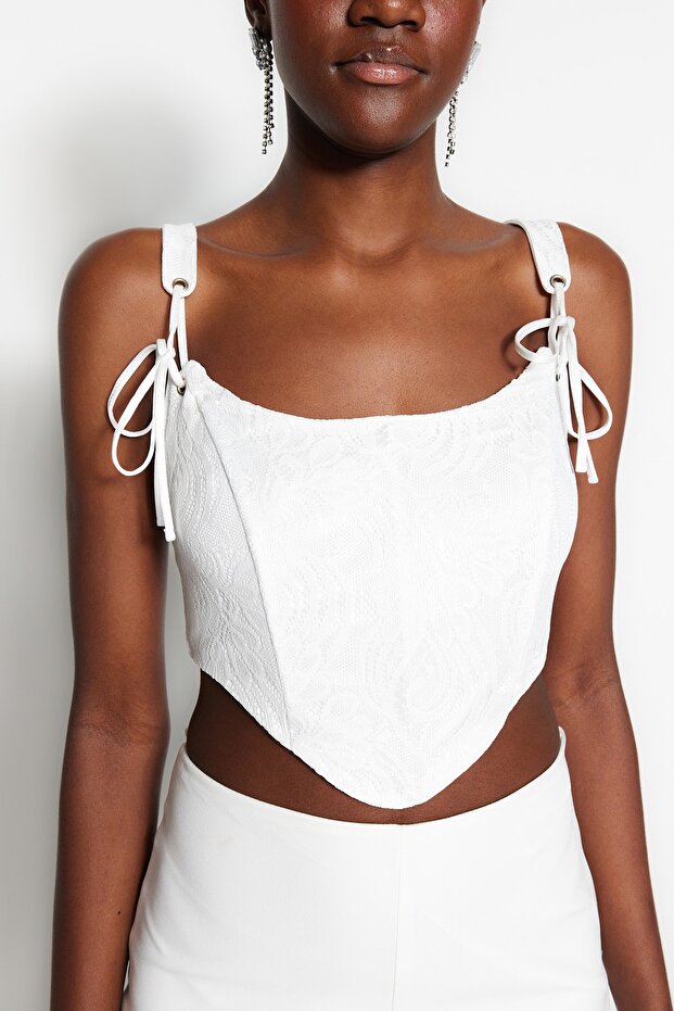 Ekru Crop Astarlı Biyeli Korse Detaylı Örme Dantel Büstiyer TPRSS23BS00032 - 1