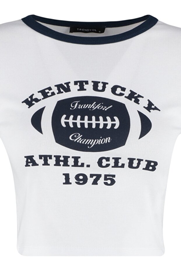 Beyaz %100 Pamuk Slogan Baskılı Fitted/Vücuda Oturan Crop Bisiklet Yaka Örme T-Shirt TWOSS23TS00100 - 7