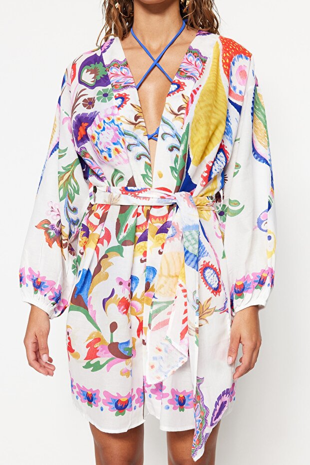 Çiçek Desenli Dokuma %100 Pamuk Plaj Mini Kuşaklı Kimono&Kaftan TBESS22KM0022 - 5