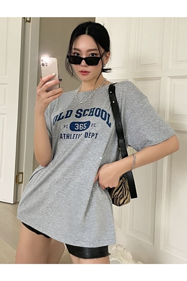 Unisex Gray Old School Printed Oversize T-shirt
