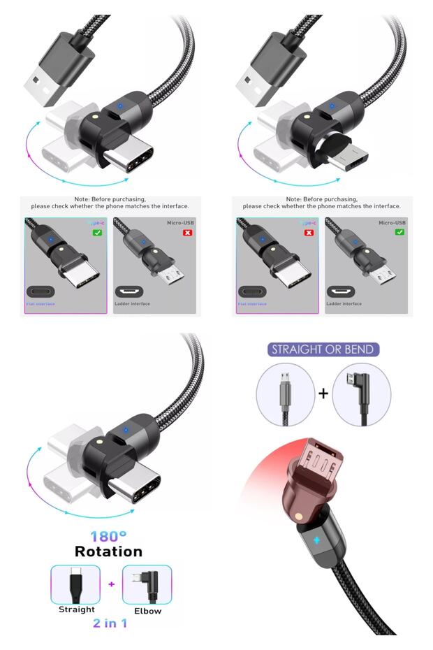 J4 180 Derece Micro Usb 5a/100w J4 Type-c 5a/100w Şarj Ve Data Kablosu -2mt - 8