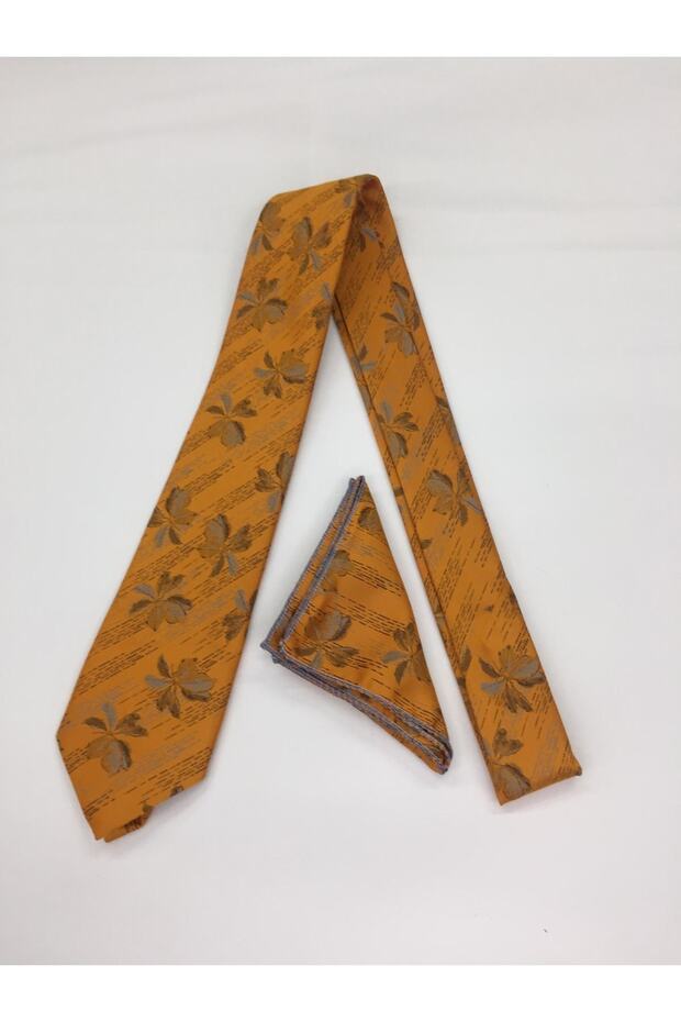 Bej Çiçekli Sarı Kravat - 1