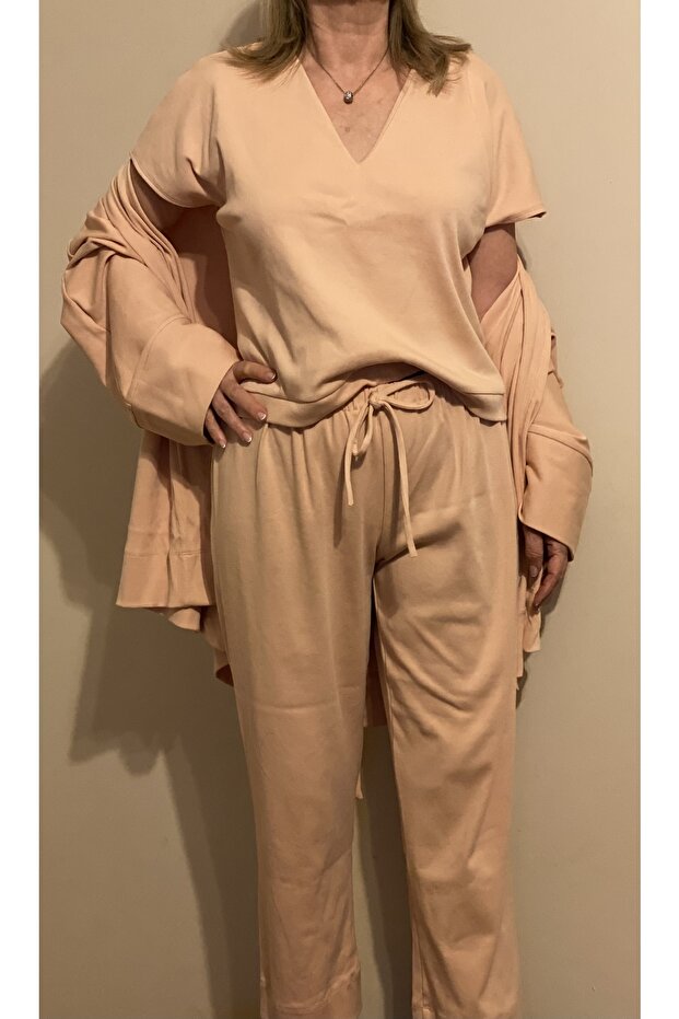 Somon Rengi Bambu Pamuk Dokuma 3lü Kimono Crop Pijama Seti - 1