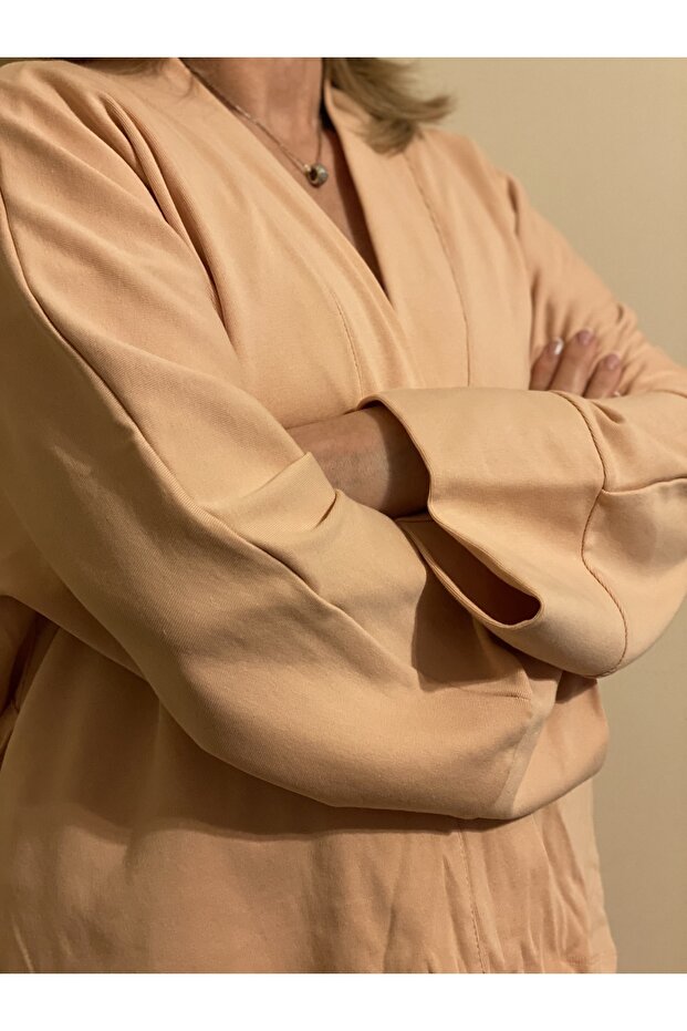 Somon Rengi Bambu Pamuk Dokuma 3lü Kimono Crop Pijama Seti - 3